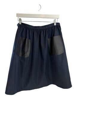 COS Navy Blue Gathered Knee Skirt with Large Black Lamb Leather Pockets sz44 12